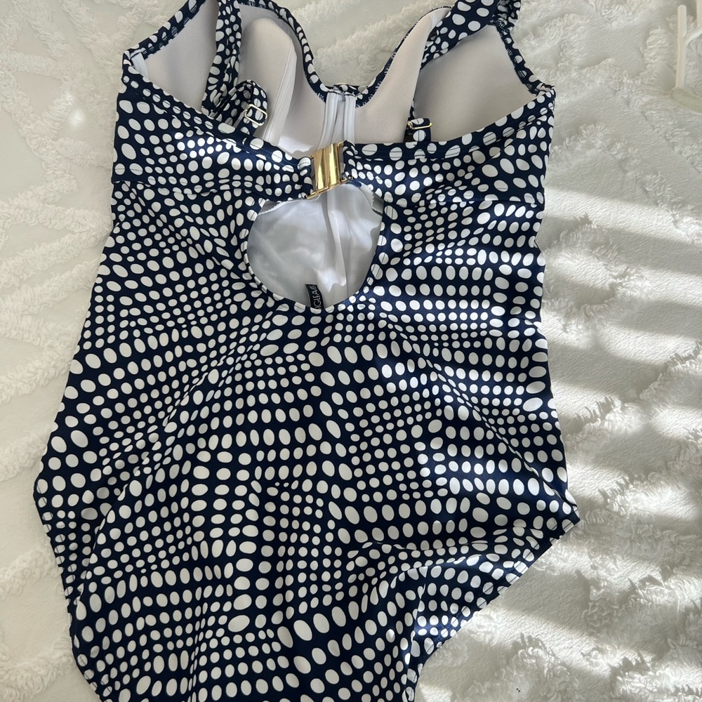 Polka Dot One-Piece Swimsuit with Gold Accent - Navy/White